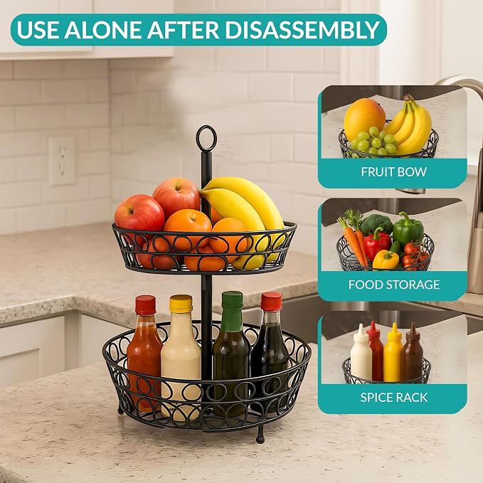2-Tier Fruit Basket for Kitchen Counter, Stackable Metal Fruit & Vegetable Holder - Image 4