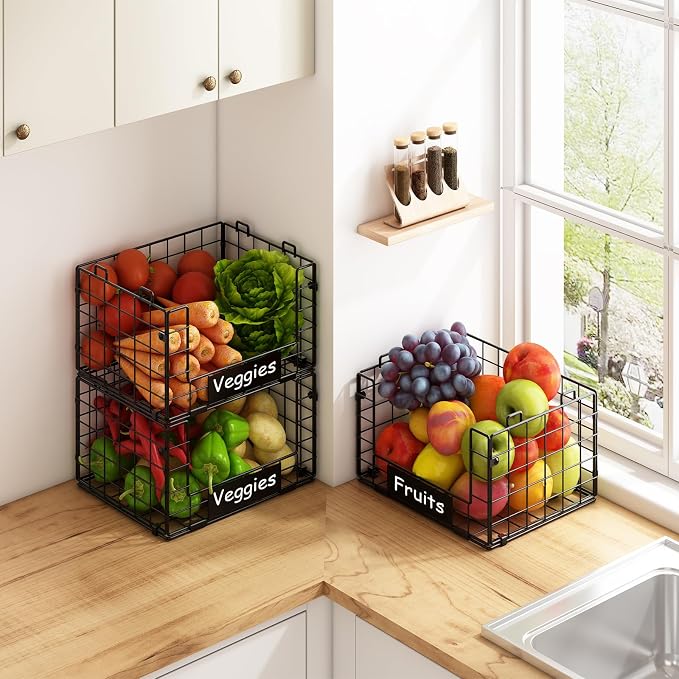 3 Pack XL Stackable Wire Baskets with Handle, Pantry Organizers and Storage | Snack Organizer & Vegetable Basket & Metal Pantry Bin & Fruit Basket for Kitchen Counter - Image 4