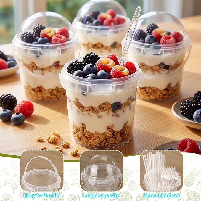 50 Pcs Bucket Cups Bulk Reusable Plastic Drink Buckets with Lids Dome Forks and Straws 32 oz Ice Cream Freezer Food Storage Containers for Popcorn Pail Outdoor Travel Beverage Party Picnic - Image 3