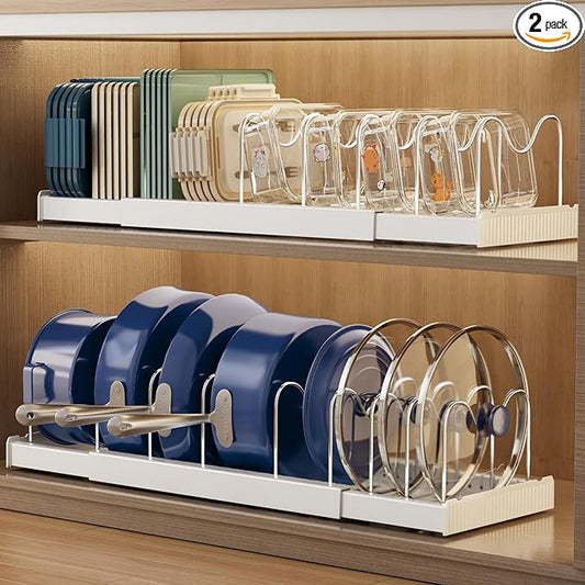 Magheo 2 Pack Expandable Food Storage Container Lid Organizers, 22" Pots and Pans Organizer Under Cabinet with 9 Adjustable Dividers Pot and Pan Lid Holders Rack Inside Cabinet(White) by MAGHEO