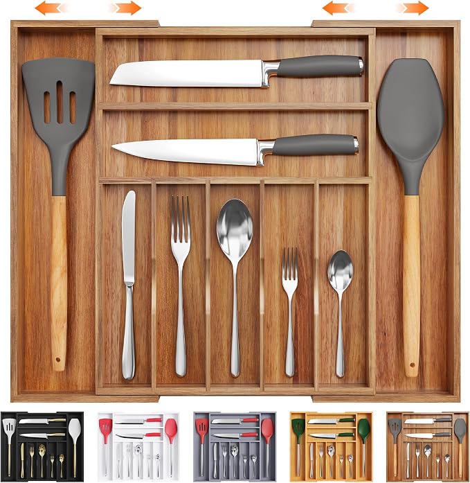 Large Premium Acacia Wood Silverware Organizer - Expandable Utensil Drawer Organizer - 17"x19.6" Utensil Holder and Cutlery Tray with Grooved for Kitchen Flatware Utensils(7-9 Slot, Acacia) by Bellsal