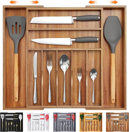Large Premium Acacia Wood Silverware Organizer - Expandable Utensil Drawer Organizer - 17"x19.6" Utensil Holder and Cutlery Tray with Grooved for Kitchen Flatware Utensils(7-9 Slot, Acacia) by Bellsal