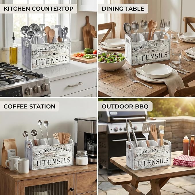 Rustic White Wooden Utensil Holder for Kitchen Counter Decor,Extra Large Kitchen Utensil Holder Silverware Caddy Farmhouse Wood Cutlery Holder Cooking Utensil Stand Storage kitchen Tools Holder-2 Pack - Image 7