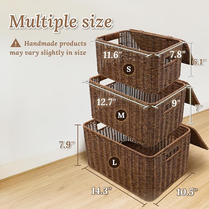 WeeNest Baskets with Handles, Wicker Storage, Shelf Boxes for Organizing, Stackable Woven Bins, Decorative Lidded Resin, Set of 3, Toffee - Image 6