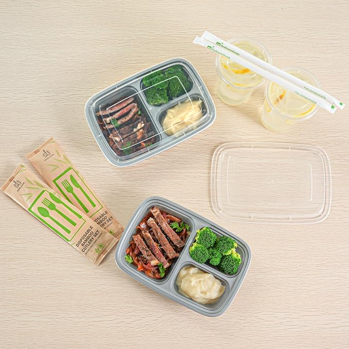 Asporto 26 Ounce Compartment Take Out Boxes, 100 Microwavable Meal Prep Containers - 3 Compartments, With Clear Plastic Lids, Silver Plastic Food Containers, Do Not Contain BPA - Restaurantware - Image 7