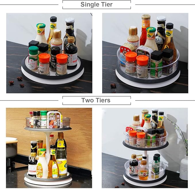 2 Tier Lazy Susan Turntable Kitchen Spice Rack Organizer for Cabinet Rotating Carousel Lazy Susan for Table Spice Storage Pantry Organization Height Adjust & Detachable Large Plastic Clear Bins - Image 5