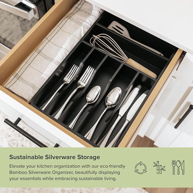 Silverware & Utensil Organizer, Fixed 10.5 in, Black | Cutlery, flatware holder, rounded corners, 7 compartments, non-slip feet, kitchen drawers - Image 5