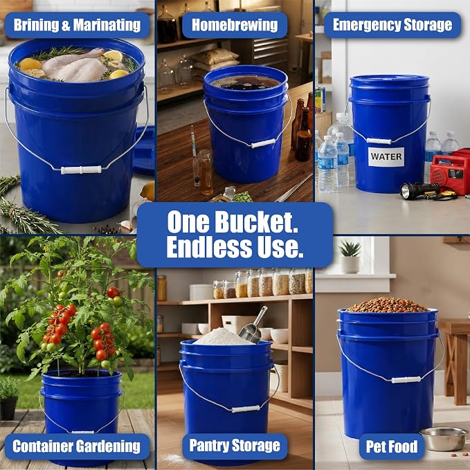 5 Gallon Bucket - Food Grade Bucket with Airtight Gasketed Tear Strip Lid, BPA-Free, Heavy-Duty 90 Mil HDPE Plastic Pail, Bulk Storage, Durable Container, Made in USA - Blue, 3 Packs | Airtight Gasketed Tear Strip Lid, Heavy-Duty 90 Mil HDPE Plastic Pa... - Image 3