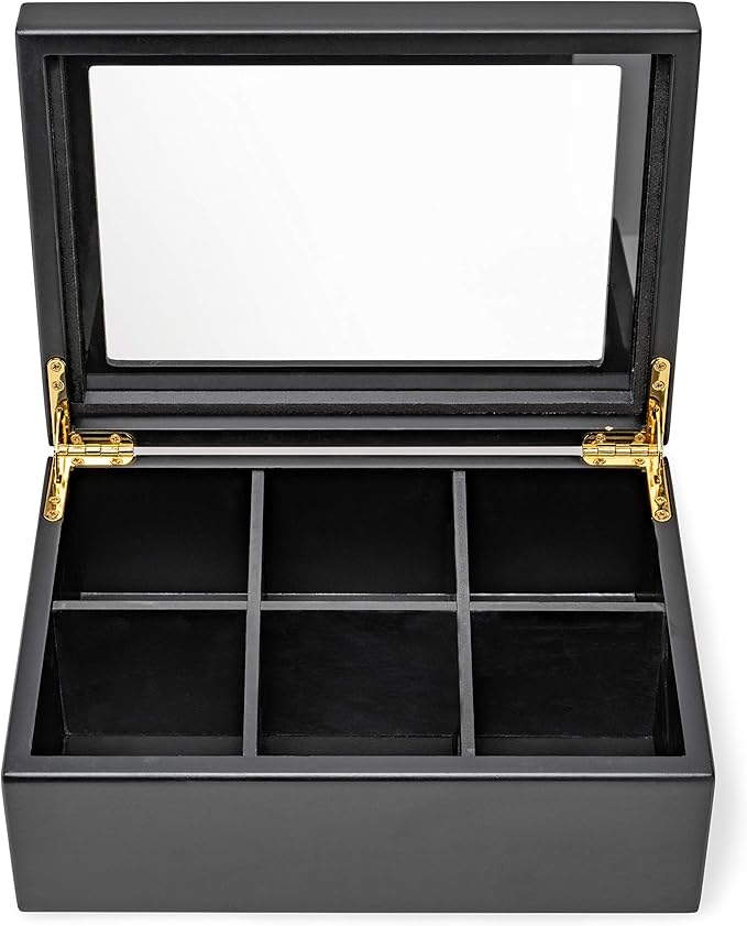 Break Tradition Wooden Tea Organizer For Tea Bags - 6 Compartments, Clear Top Window, Lid Stays Open (Black) - Image 2