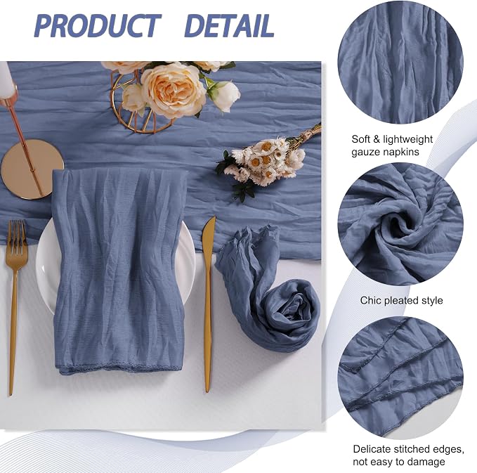 LZY 60 Pack Gauze Cheesecloth Napkins 20x20 Inch Dinner Cloth Napkins, Soft Boho Table Napkins Rustic Wrinkled Cheese Cloth Napkins Bulk for Wedding Party Baby Shower Event Decor (Dusty Blue) - Image 4
