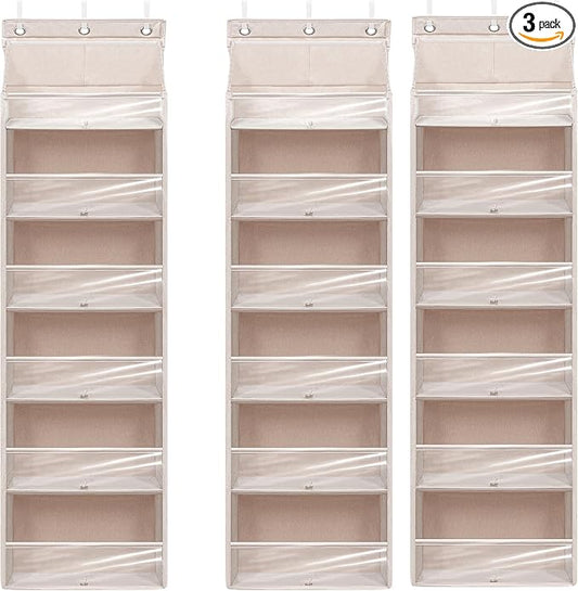 Over Door Organizer with 6 Extra Large Pockets 12 Side Pockets, Sturdy Closet Storage Rack, Hanging Storage Organizer with Clear Window for Shoes, Diaper, Bedroom, Bathroom, Beige, 3-Pack by Unknown