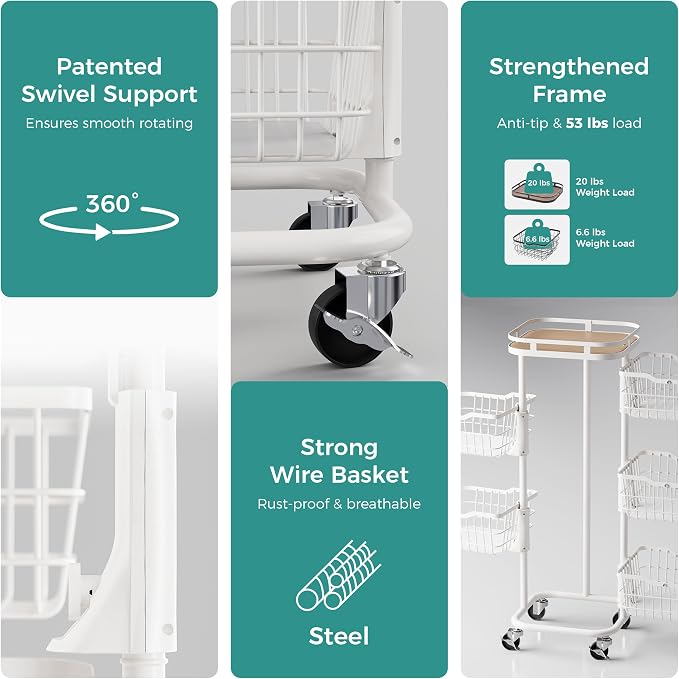 5 Tier Rotating Kitchen Storage Cart, Fruit Vegetable Potato Rack Stand | Patented Swivel Part Spin Smoothly Even Full. Rustproof. One-Piece Wire Bin Prevent Sagging. Keep Onion, Veggie, Spices Fresh - Image 6