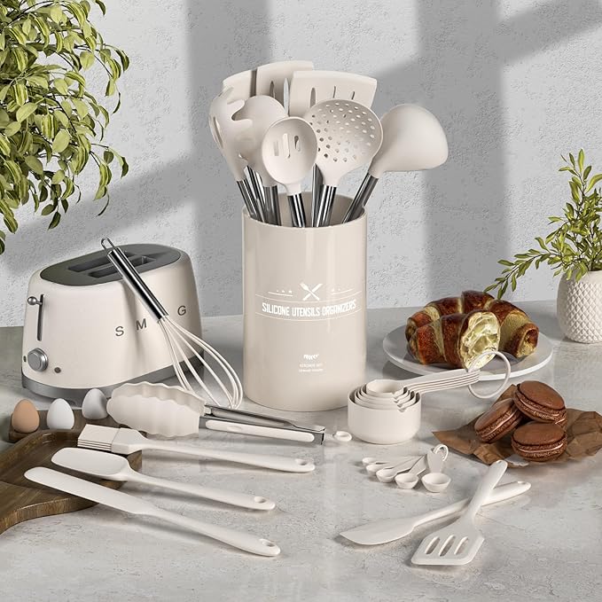 Umite Chef Silicone Kitchen Cooking Utensil Set, 43 pcs Spatula Set with Stainless Steel Handle, Non-stick Heat Resistant - Best Cookware Set-(Khaki) - Image 2