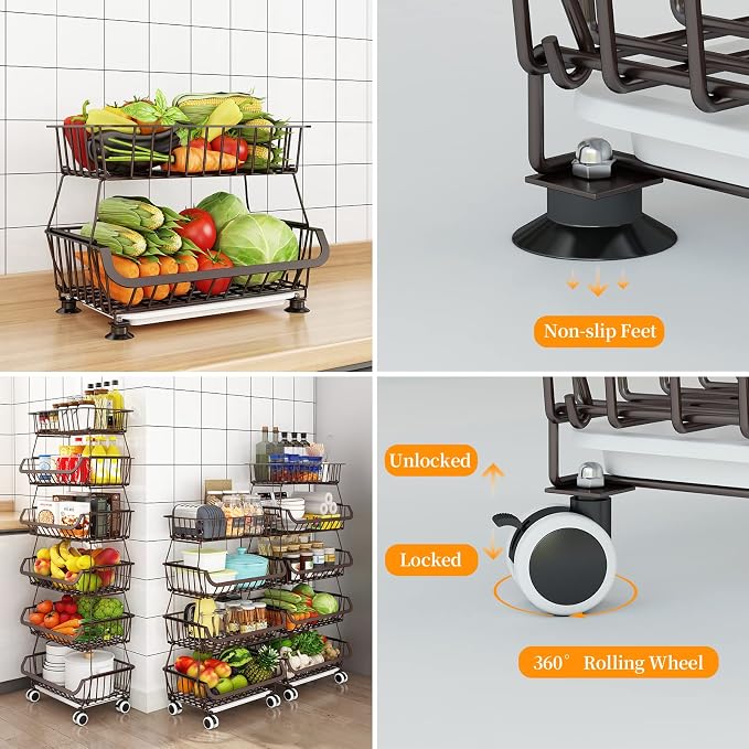 Fruit Vegetable Storage Basket for Kitchen - 4 Tier Stackable Metal Wire Baskets Cart with Rolling Wheels Utility Fruits Rack Produce Snack Organizer Bins for Pantry Bathroom Laundry Bronze - Image 3