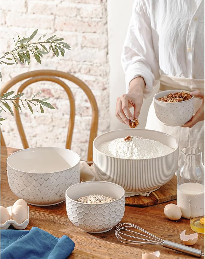 Mikiegy Ceramic Mixing Bowls Set of 4, Nesting Ceramic Embossment Stoneware Mixing Bowls for Cooking, Serving, Popcorn, Salad etc, Microwave & Dishwasher Safe, 20/44/98/145 oz, Off-White - Image 3