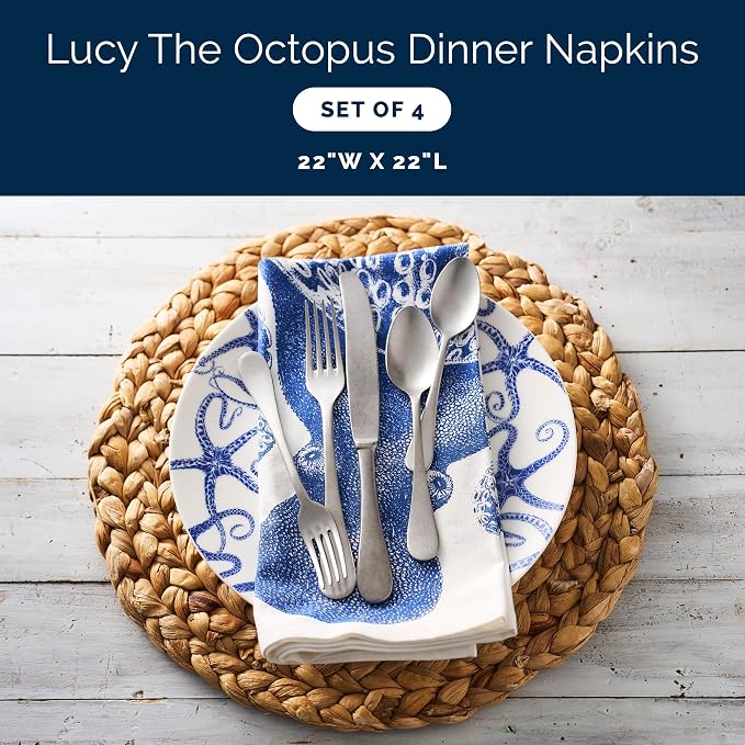 Lucy the Octopus Dinner Napkins Set of 4 | 100% Cotton Cloth Set for Entertaining or Everyday Table | Perfect for Wedding, Birthday, Christmas Blue and White, 22 Inch Square - Image 2