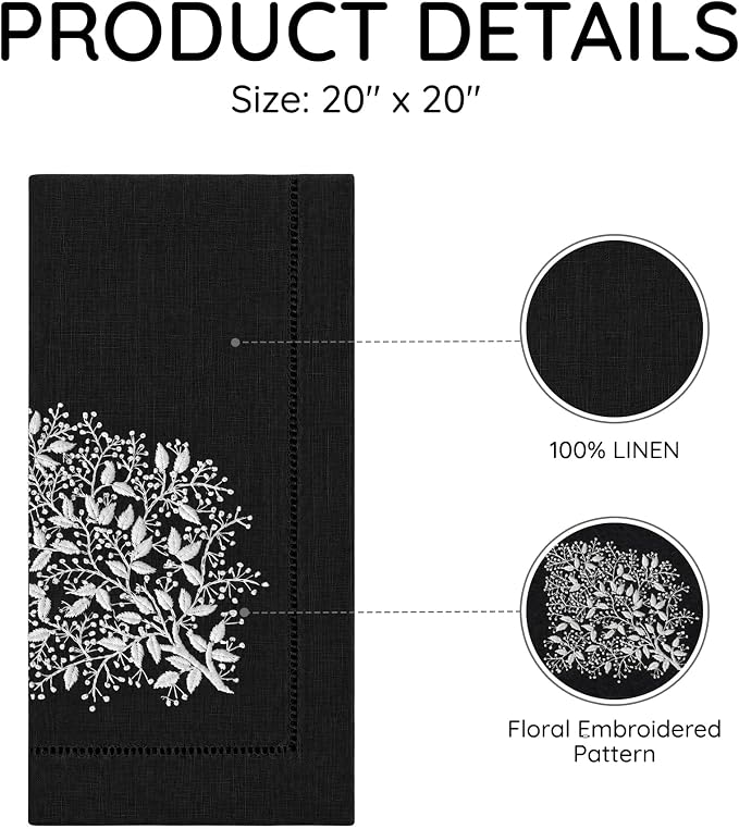Cloth Napkins Set of 4, 20x20 inch, 100% Linen Hand Embroidered French Knot, Reusable & Machine Washable, Elegant Table Napkins for Dinner, Weddings, Parties (Black) - Image 3