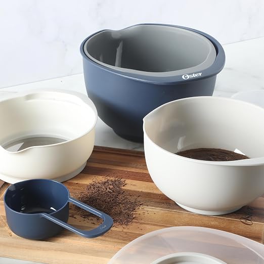 Oster 12 Piece Nesting Mixing Bowl Set, 3 Bowls with Lids & 6 Measuring Cups, Non-Slip Bases, Pour Spouts, Space-Saving Kitchen Prep Set, Dishwasher Safe - Image 2
