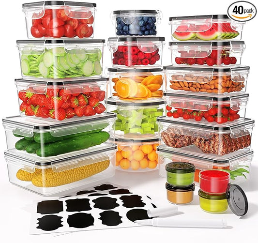 40 PCS Food Storage Containers with Lids Airtight (20 Containers & 20 Lids), Leak proof Meal Prep Container Set for Kitchen Storage, BPA-free, PVC-free Plastic, Microwave/Dishwasher Safe, Labels & Pen by KEMETHYFocusesonCreatingEfficientStorageProductswithQualityMaterials