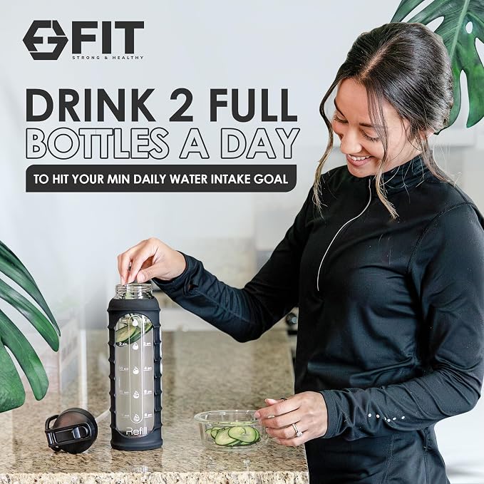 FIT Strong & Healthy 4-Pack 2 & 3 Compartment Glass Meal Prep Containers & 32oz Glass Water Bottle with Straw Lid, Time Marker, Sleeve & Extra Lid (Black) - Image 6