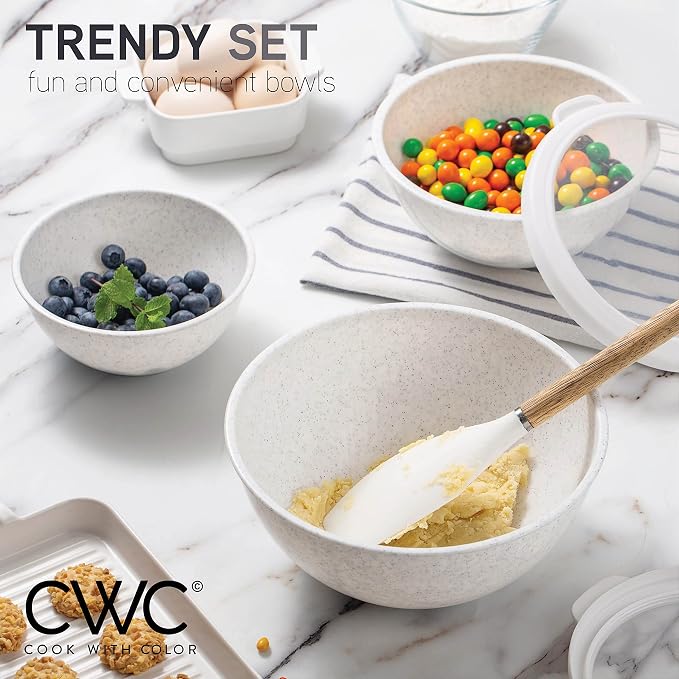 COOK WITH COLOR Mixing Bowls with TPR Lids - 12 Piece Plastic Nesting Bowls Set includes 6 Prep Bowls and 6 Lids, Microwave Safe Mixing Bowl Set (Speckled White) - Image 7