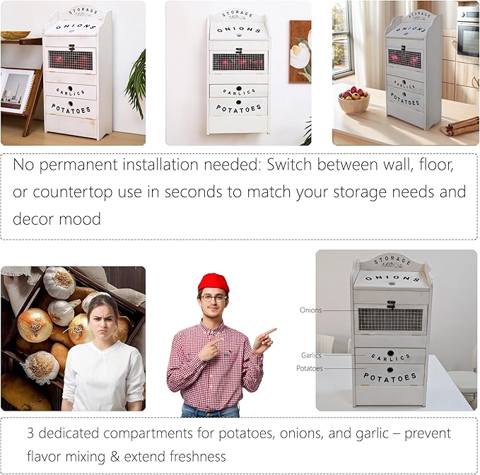 ARTAWEIN Pine Wood Veggie Bin for Potato, Onion and 1 Garlic Drawer Vegetable Box for Kitchen Storage, Solid Wood Vegetable Bin 13.77" L X 7.1" W X 29.3" H (Rustic White) - Image 5