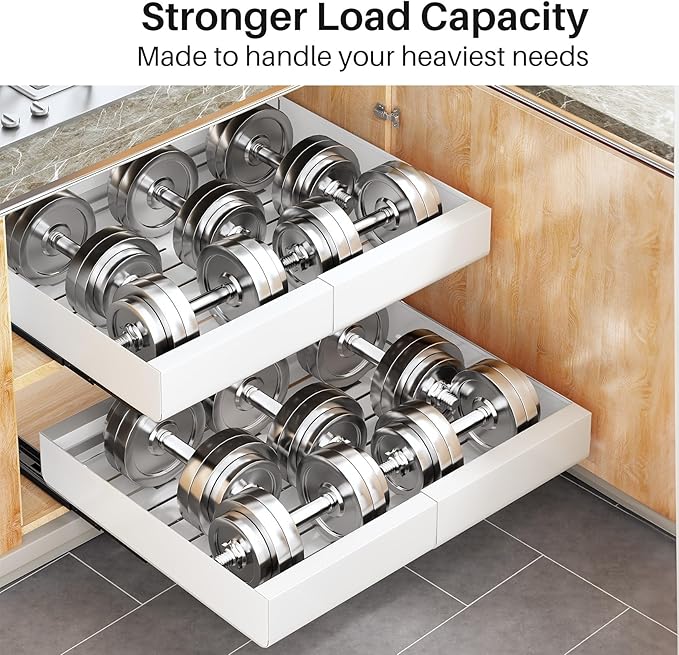 Pull out Cabinet Organizer, 2-pack, Expandable(12"-20") Heavy Duty Slide out Drawers Fixed with Adhesive Nano Film for Pots, Roll out Shelf Storage for Kitchen Base Cabinet Organization(3 Rails) - Image 6