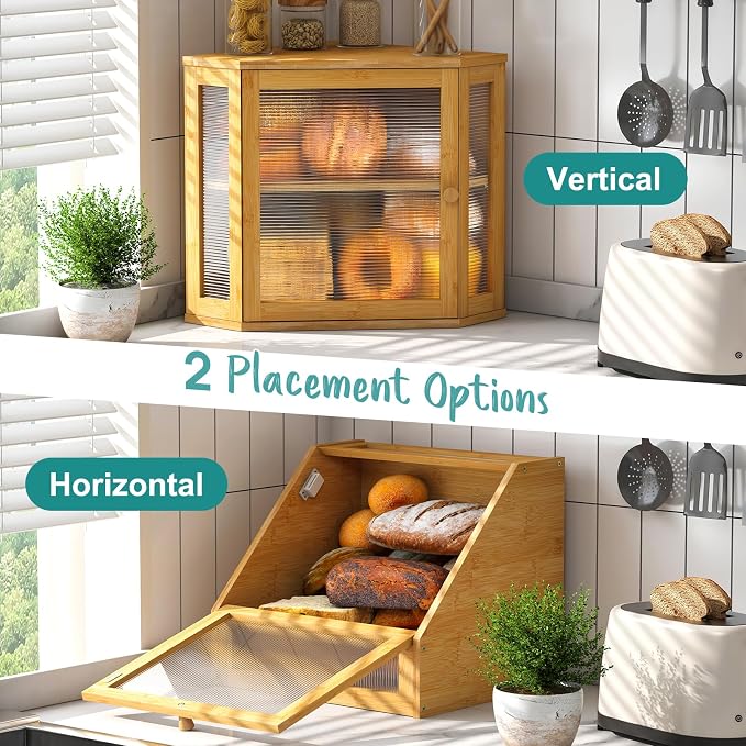 Corner Bread Box, Bamboo Bread Box for Kitchen Countertop, 2 Tier Wooden Bread Storage (Natural, Medium) - Image 5