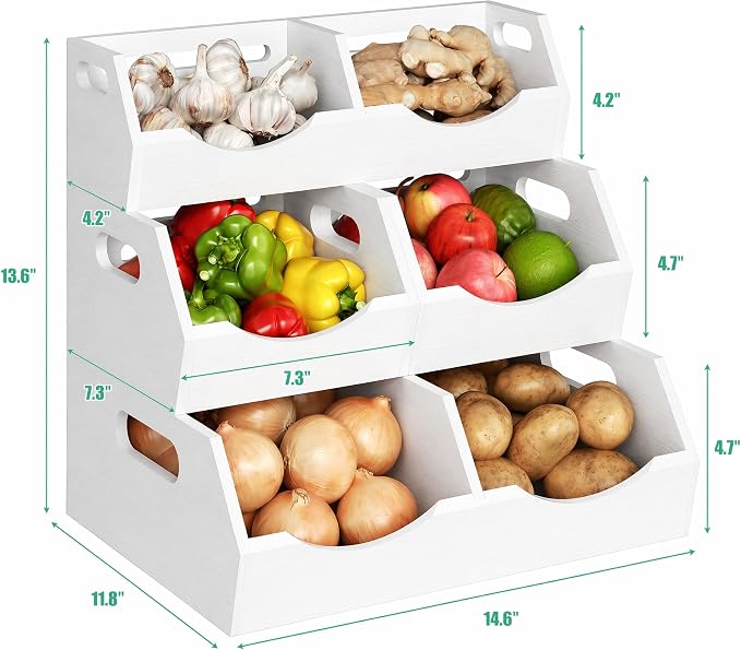 Potato and Onion Storage Bin, 3 Tier Bamboo Kitchen Storage Rack, Stackable Ventilated Pantry Organizer with Handles for Garlic Peppers Vegetables, Countertop Produce Bins, White(Assembly Required) - Image 7