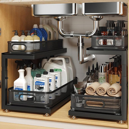 2-Pack 18.5 IN Depth Under Sink Organizer With Next-Gen Ball-Bearing Slides,Sophisticated Mesh 2-Tier Pull Out Shelf for Kitchen & Bathroom,Fits Small Items-Black by UnderSinkOrganizer
