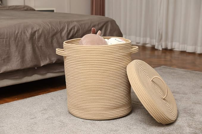 16x18 Inch Extra Large Round Cotton Rope Storage Basket with Lid, Decorative Woven Bin with Cover for Living Room Bedroom Closet, Beige - Image 8