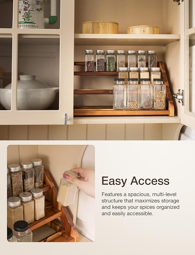 Tinamo Acacia Wood Spice Rack for Countertop - Wooden Tray Holds 24 Jars Spice Racks Organizer for Storage Shelf - 3 Tiered Spice Rack Organizer for Cabinet - Spice Shelf for Kitchen Pantry (Acacia) | Acacia Wood, 3-tier Spacious Design for 24 Spice Ja... - Image 5