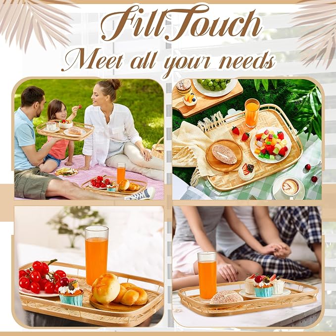 FillTouch 1 Pcs Bamboo Wicker Serving Tray, Hand Woven Rectangular Lap Trays for Eating, 16.9 x 13 Inch Flat Bed Tray for Breakfast, Dinner, Snacks & Fruit - Image 6