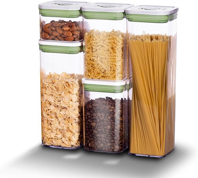 Pop Airtight Food Storage Containers with Date Recording Lids, Stackable Plastic Storage Containers Set of 5, Dry Cereal Container Set for Pantry Countertop Fridge Organization by Linoroso