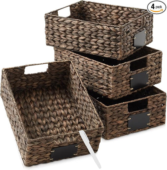 Casafield Set of 4 Water Hyacinth Pantry Baskets, 10" x 13" x 5", with Chalkboard Labels and Chalk Marker - Espresso, Woven Storage Bin Organizers for Kitchen Shelves by Casafield
