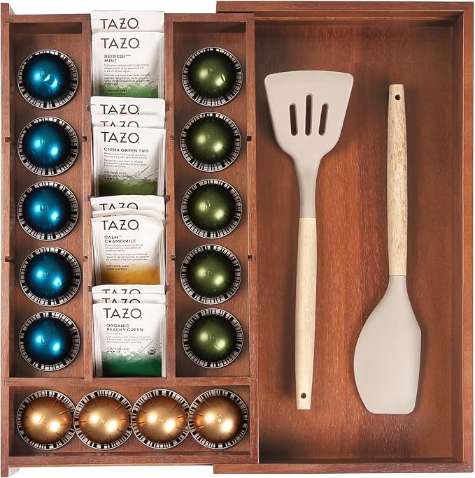 Tea Bag & Coffee Pod Organizer, 9.7-17 in, Acacia | 10 storage compartments, adjustable wall inserts, non-slip feet, food-safe by KitchenEdge