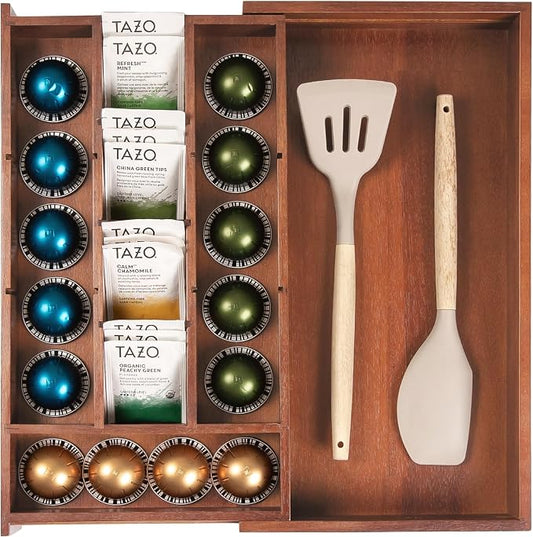 Tea Bag & Coffee Pod Organizer, 9.7-17 in, Acacia | 10 storage compartments, adjustable wall inserts, non-slip feet, food-safe by KitchenEdge