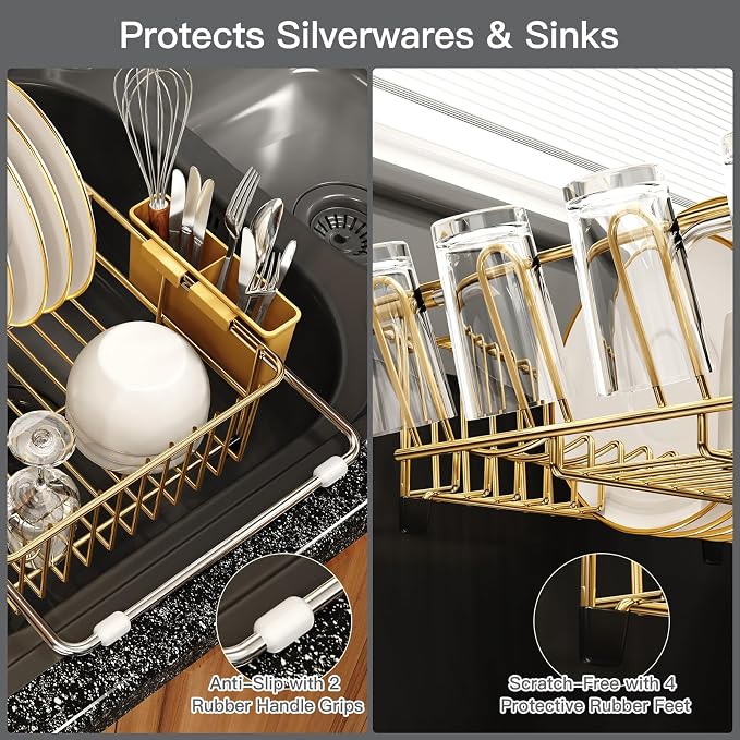 Gold Dish Drying Rack Over The Sink with Utensil Holder | Expandable Stainless Steel Dish Drainer for Small Kitchen, Apartment, RV, Counter Space Saving, Perfect Fit, Rustproof - Image 5
