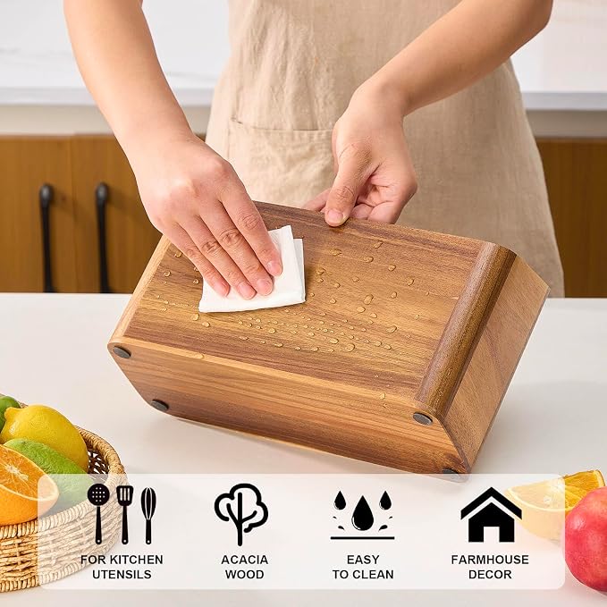 Wooden Utensil Holder for Kitchen Counter, Acacia Wood Kitchen Utensil Holder for Countertop with 4 Compartment, Cooking Utensil Organizer, Silverware Caddy (Acacia Wood, 3Compartment) - Image 4