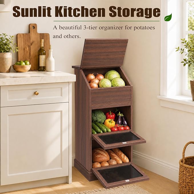 Potato and Onion Storage Bin with Lid, 3-Tier Vegetable Storage, Wooden Rustic Bread Box Cabinet for Fruit and Vegetable, Food Storage Containers Cabinet for Kitchen Pantry(Walnut) - Image 2