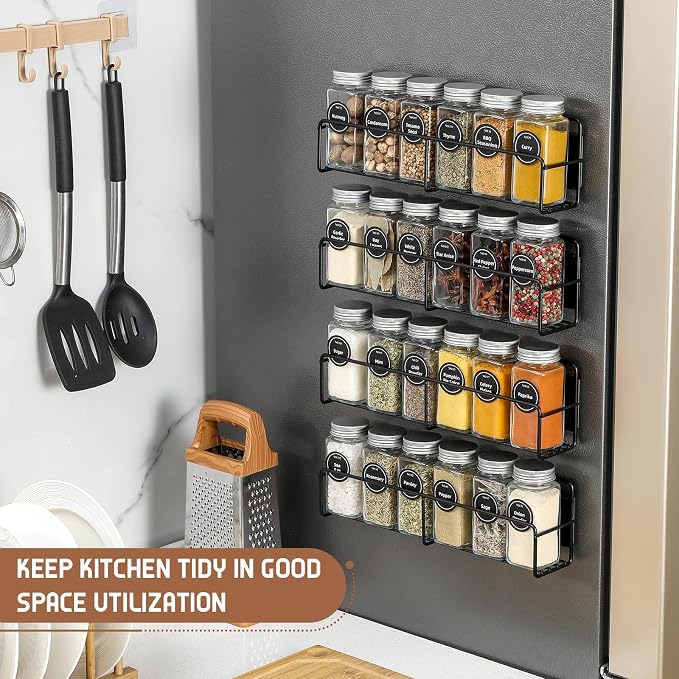 VITEVER Magnetic Spice Rack, 4 Pack, 24 Square Glass Jars with Lids, Quick-Find Pre-Printed Labels, Funnel, Space Saver, Refrigerator and Microwave Oven Organizer - Image 6