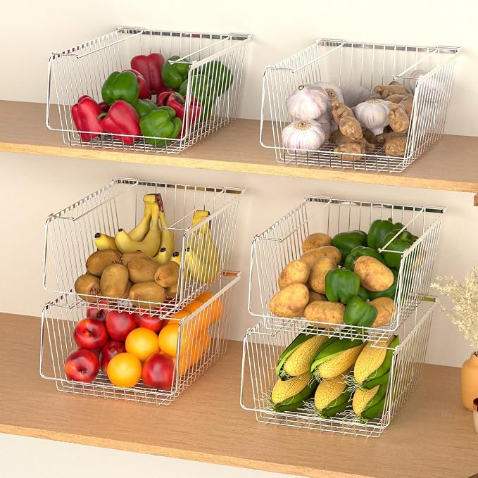 SANNO 14" Stacking Baskets Bin Wire Storage Baskets Organization Farmhouse Scoop Baksket for Pantry, Kitchen, Closets, Bathroom, Cabinets, Kitchen, Narrow, Set of 3 - Image 3