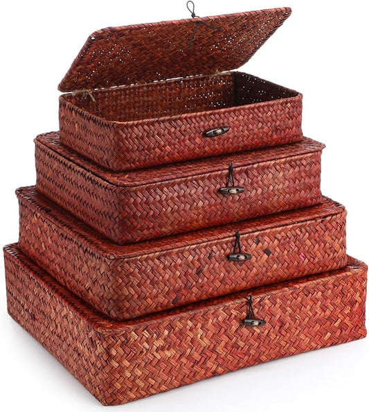 Didaey Set of 4 Seagrass Basket with Lid Wicker Storage Basket Decorative Storage Boxes with Lids Flat Storage Bins Woven Organizer Baskets for Shelf Closet Bedroom, 4 Sizes (Retro Red) by Didaey