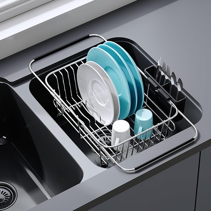 JASIWAY Sink Small Dish Drying Rack with Utensil Holder, for RV, Apartment | Over Sink Expandable Stainless Steel Dish Drainers for Compact Kitchen, Space Saving, Fast Drain, Rustproof, For 1-2 people by JASIWAY