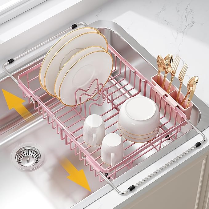 JASIWAY Pink Dish Drying Rack Over the Sink with Utensil Holder | Expandable Stainless Steel Dish Driainers for Small Kitchen, Counter Space Saving, Fast Drain, Rust Resistant, For Apartment by JASIWAY