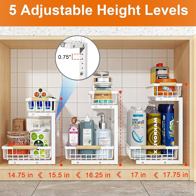 Under Sink Organizer, White 2 Pack Height Adjustable | 2 Tier Pull Out Drawer, Under Sink Organizers and Storage, Cabinet Storage for Kitchen Bathroom - Image 5