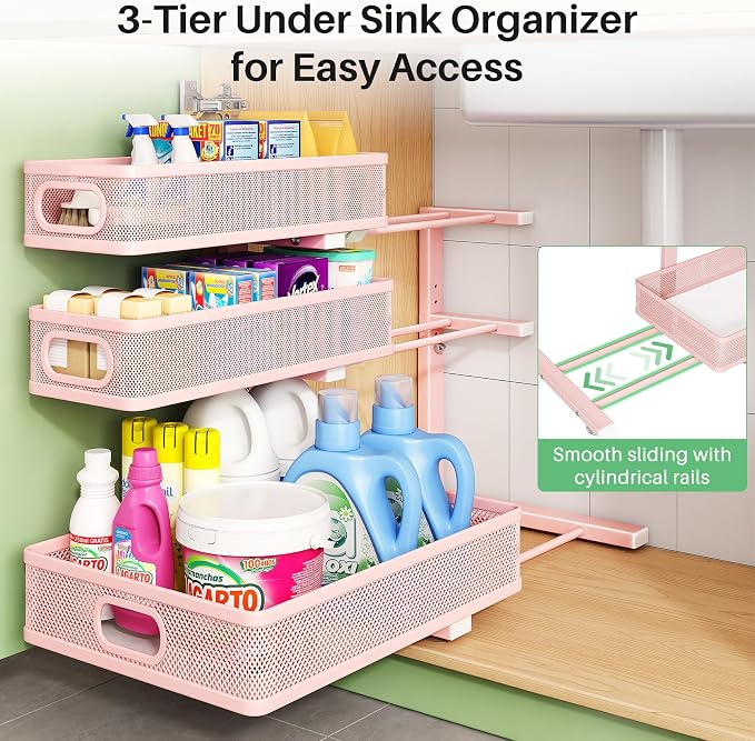 Kitstorack Under Sink Organizer, 1-Pack 3-Tier Height Adjustable Thickened Metal Pull out Cabinet Organizer Shelf, Slide out Storage Drawer Rack for Bathroom Kitchen Pantry Home Organization, Pink - Image 5