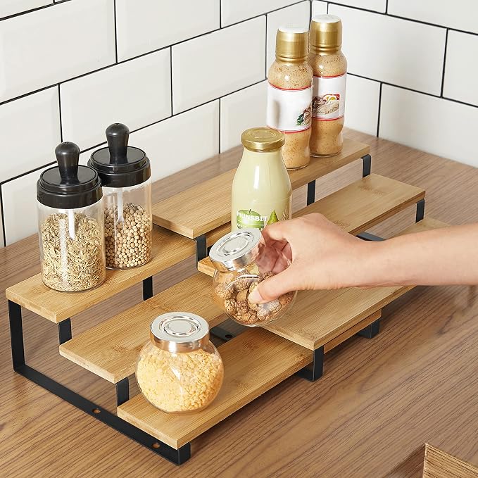 SONGMICS 4 Bamboo Shelf Organizers and 2 Spice Racks Bundle, 2 Sets of Cabinet Organizers, for Kitchen Organization, Natural and Black UKCS10NB and UKCS016N01 - Image 8