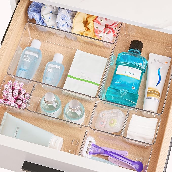Vtopmart 66 PCS Clear Plastic Drawer Organizers Set, Vanity Organizer Trays | 4-Size Versatile Makeup Organizer, Non-Slip Storage Containers for Makeup, Jewelries, Bedroom，Kitchen Utensils and Office - Image 5