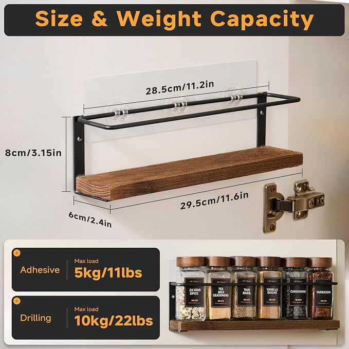 2-Tier Wall Mount Spice Rack Organizer with 12 Glass Jars, 216 Labels & Funnel - Screw/Adhesive Mount, Black Metal & Wood Spice Storage for Kitchen Pantry Cabinet, 11.6”L x 2.4”W x 3.2”H - Image 3